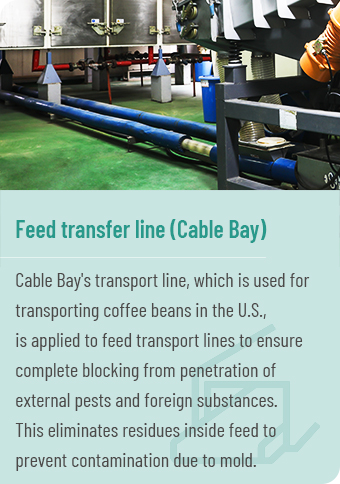 Feed transfer line (Cable Bay) - Cable Bay's transport line, which is used for transporting coffee beans in the U.S., is applied to feed transport lines to ensure complete blocking from penetration of external pests and foreign substances. This eliminates residues inside feed to prevent contamination due to mold.